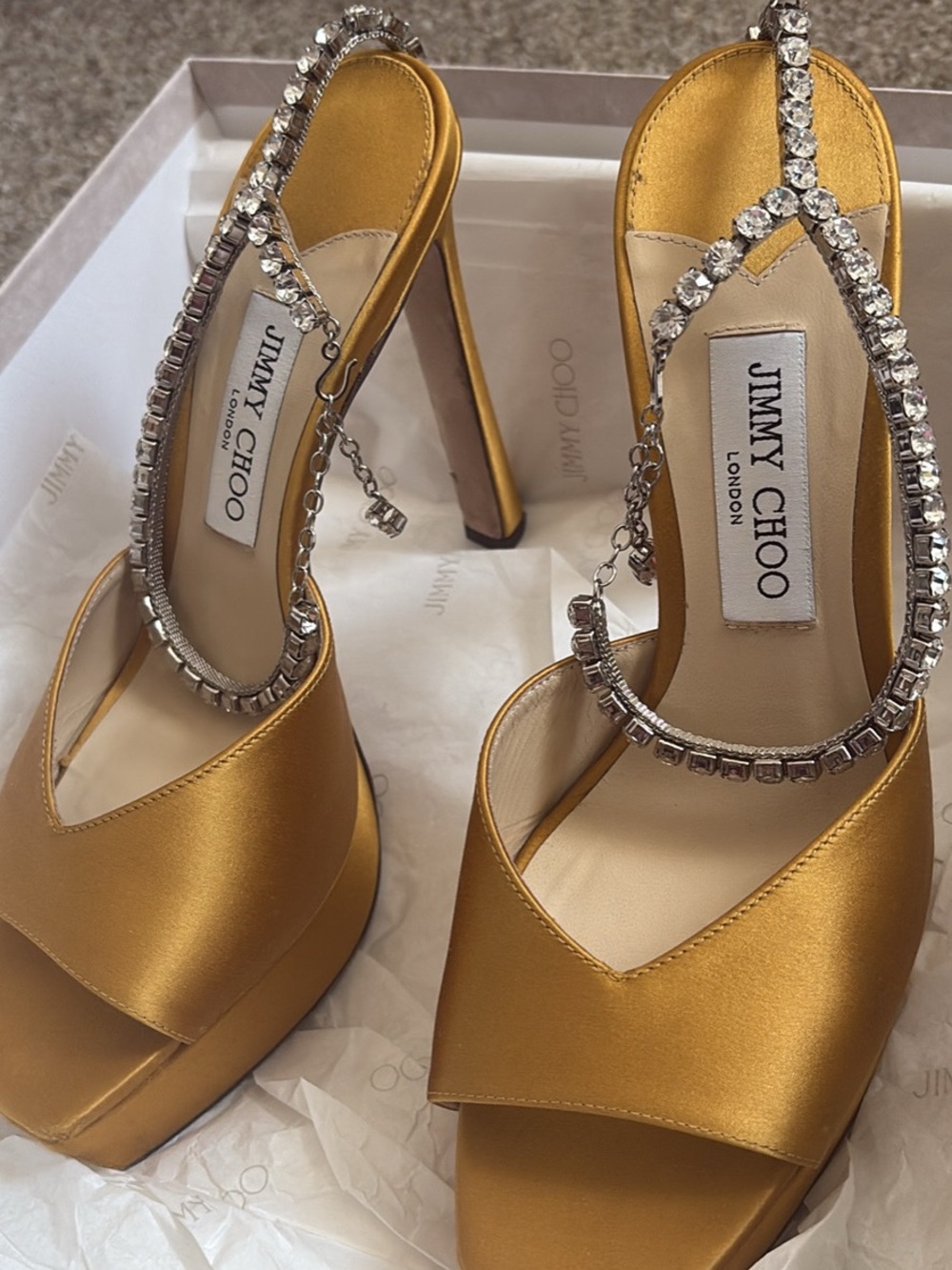 Jimmy Choo Gold Satin Crystal T-Strap Stiletto Sandals - Picture 4 of 4